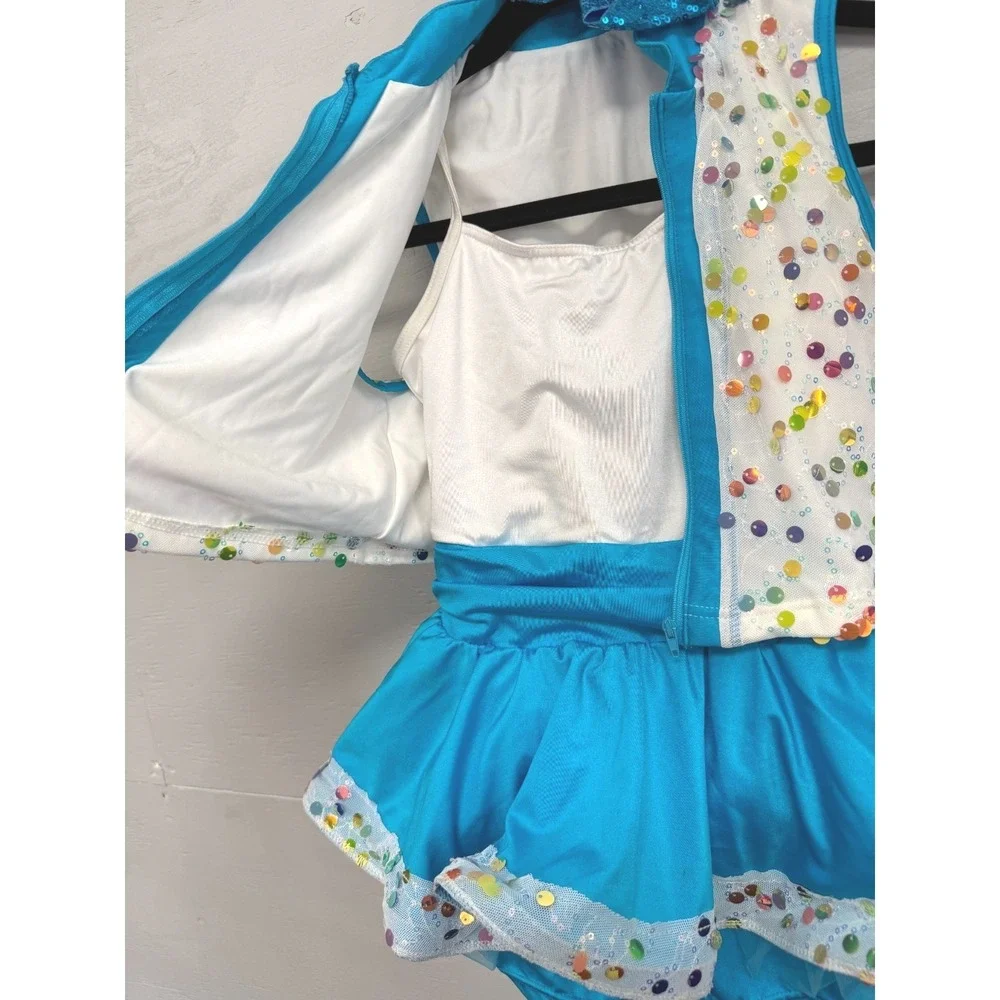 Weissman Kids Blue Sequin Dance Costume‎ Set Vest Skirt Leotard Bow MC RN64830